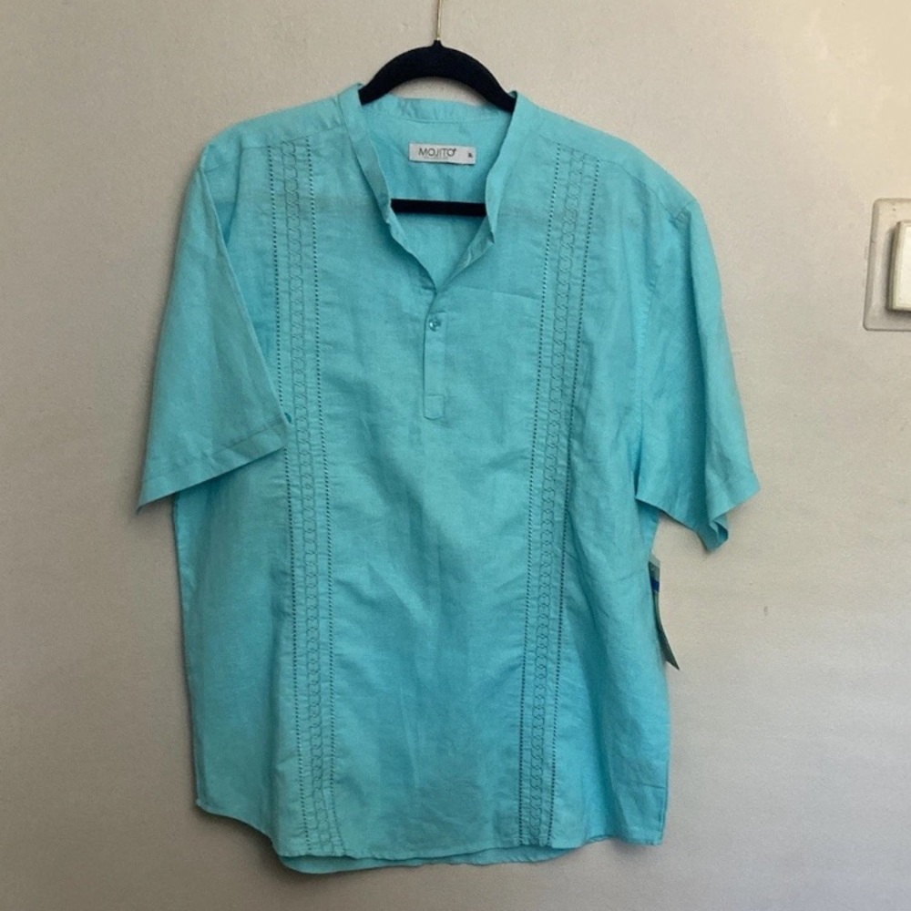 2-6 Mojito Collection Mens XL Guayabera Shirt Blue Short Sleeve NWT Linen Blend